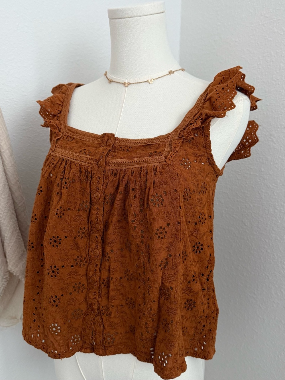 Lucky Brand Rust Brown Eyelet Ruffle-Sleeve Tank